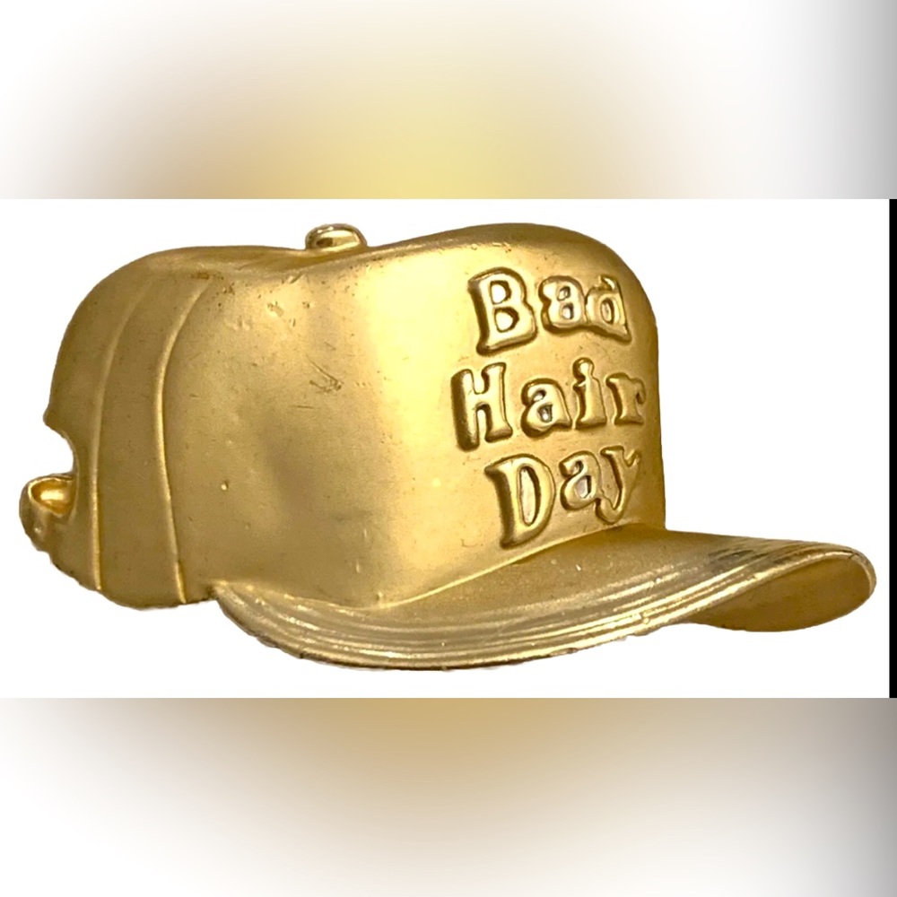 Signed AJC Fun Bad Hair Day Gold Tone Baseball Cap Hat Pin Brooch